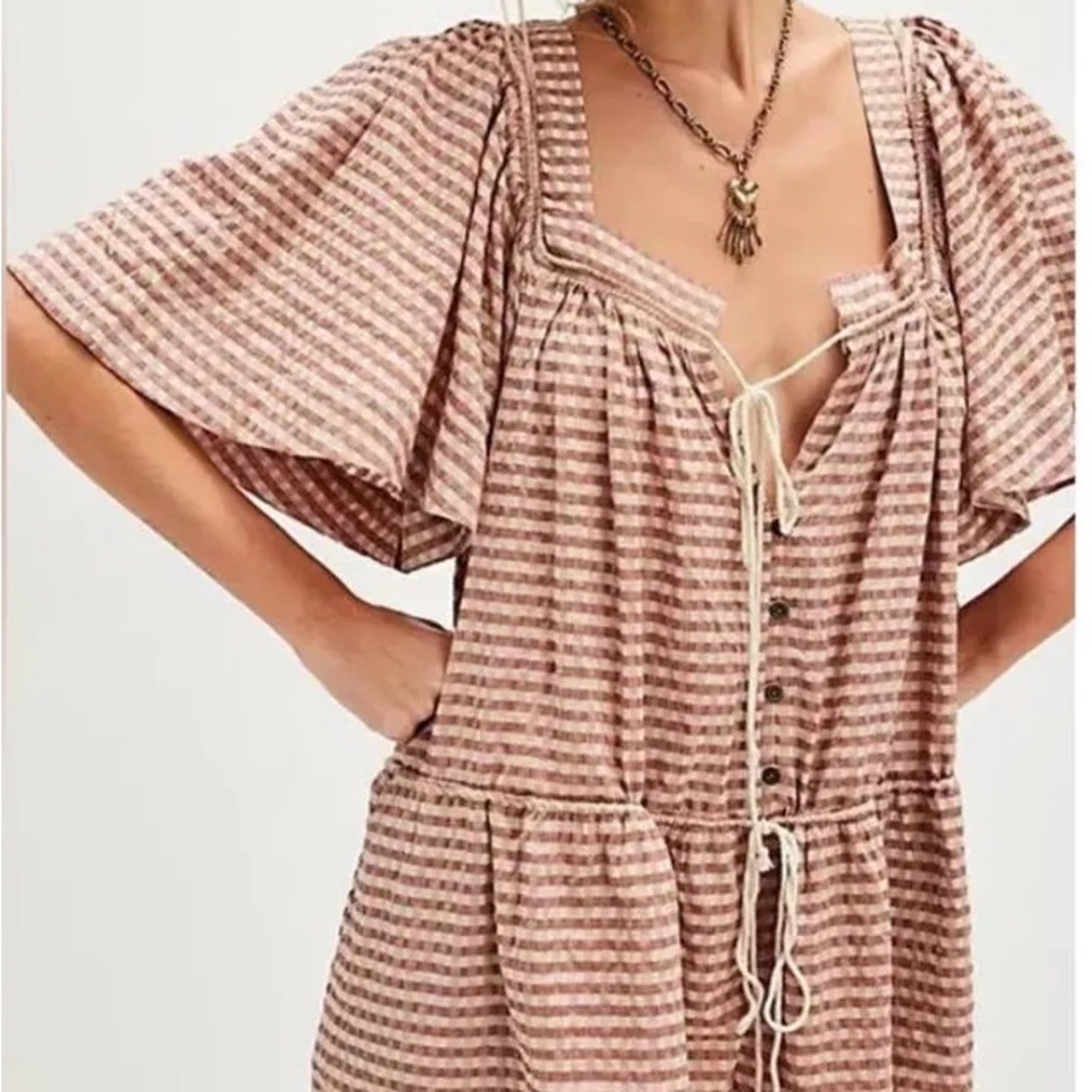 Free People County Line Plaid Romper. NWOT. Pink combo